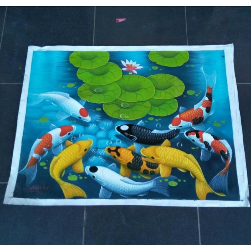 Lukisan dinding ikan koi Fengshui dekorasi dinding pajangan kanvas 9 ekor ukuran 60×80 cm