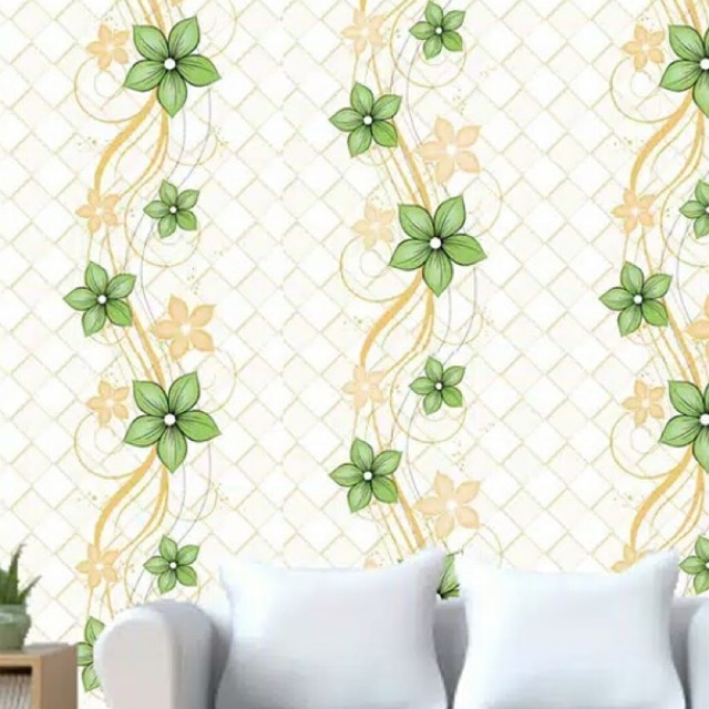 Wallpaper Dinding / Wallpaper Sticker BUNGA HIJAU KOTAK GOLD