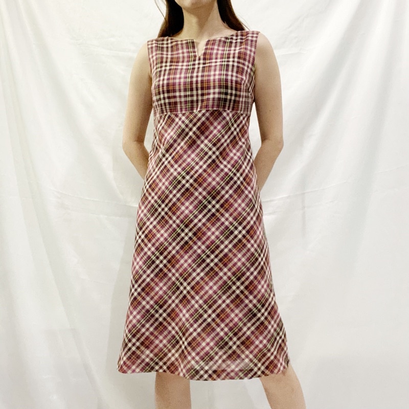 korean purple vintage gingham dress | dress midi kotak kotak | checkered dress preloved