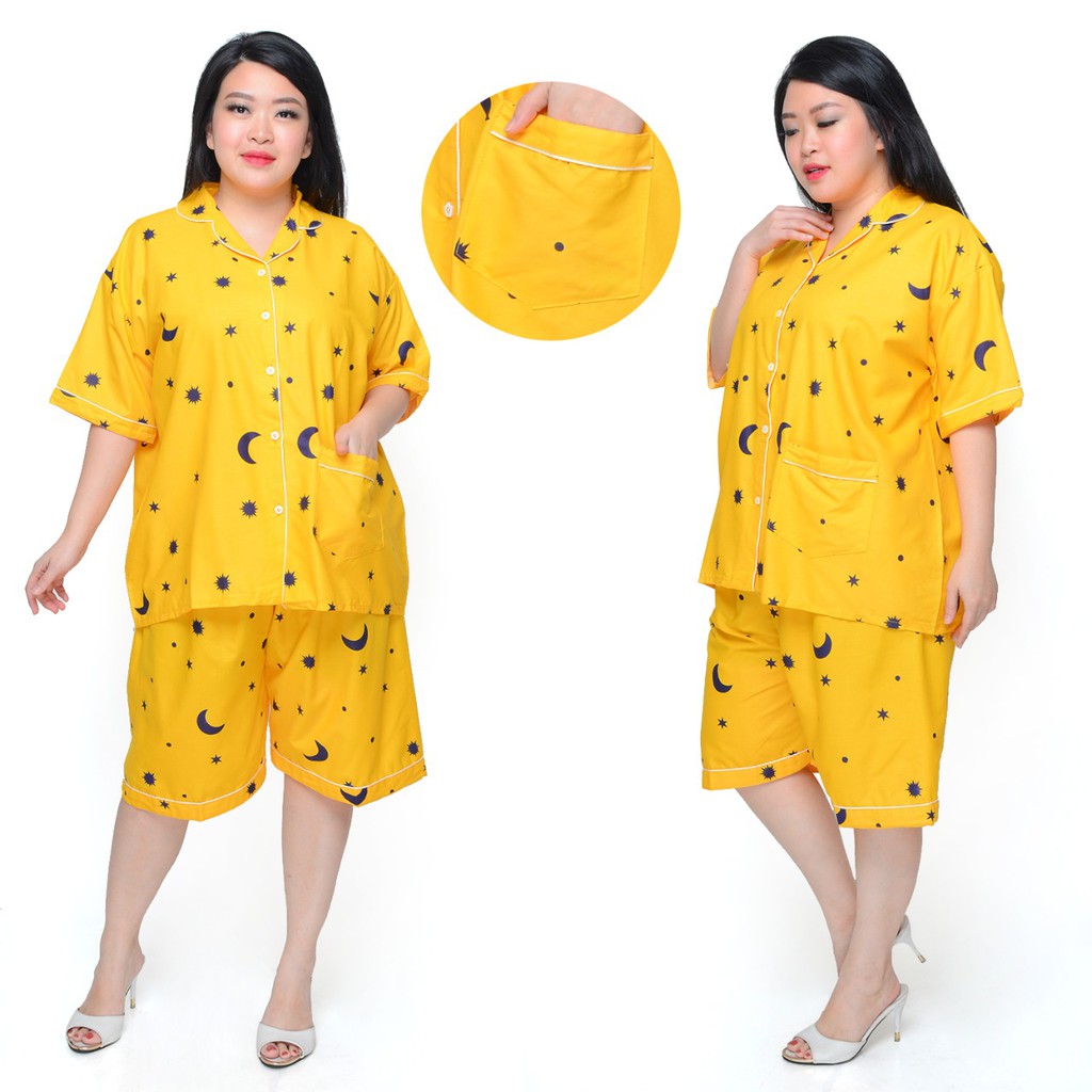 PIYAMA JUMBO CELANA PENDEK WANITA LD 130 120 SET BAJU TIDUR CEWEK DEWASA SETELAN KATUN KARAKTER-BULAN KUNING