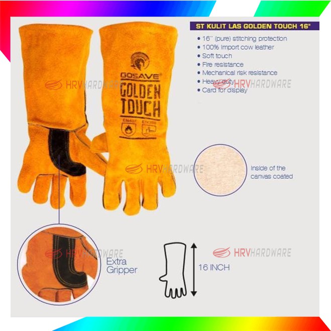 Sarung Tangan Kulit Las 16 Inch Gosave Golden Touch Welding Safety Glove Leather Argon Super Lentur