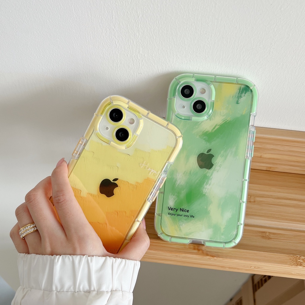 Glowing At Night Soft Case iP iPhone 11 12 13 14 Pro Max X XS XR Max Green &amp; Yellow Gradient Watercolor Casing Apple