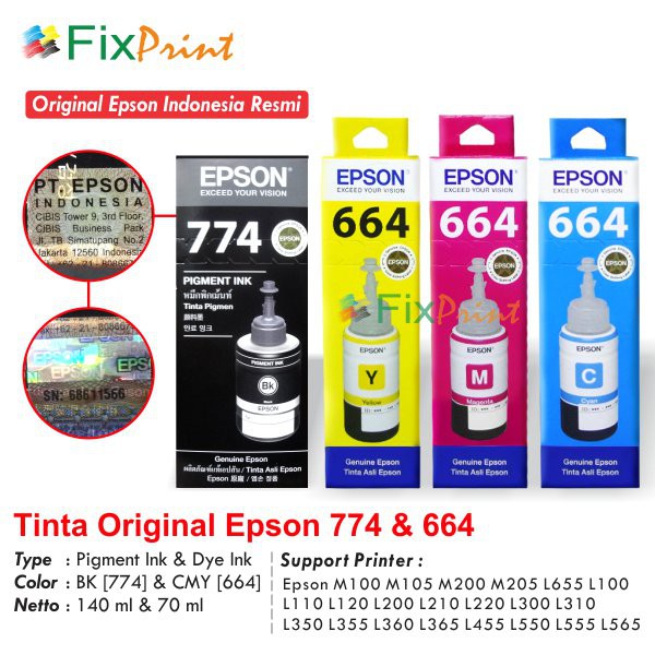 Tinta Refill Botol Epson T774 774 Black + T664 664 CMY Original Ink Bottle L1455 L365 L655