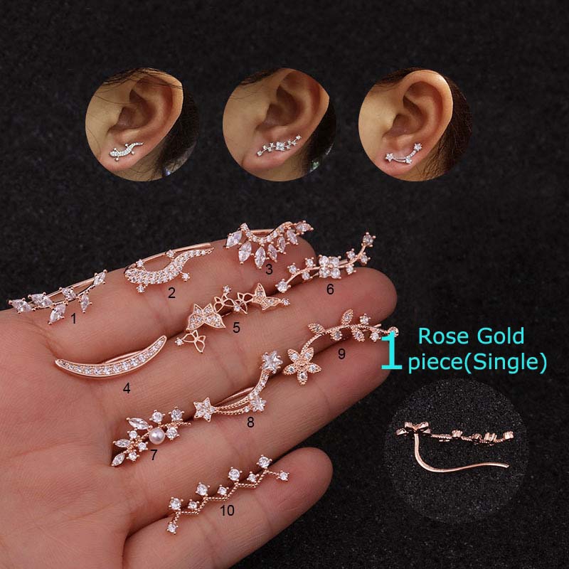 1piece Copper Zircon Ear Cartilage Tragus Lobe Piercing Crawlers Flower Leaf Gecko Earring