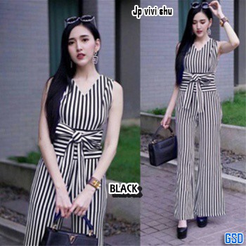 Vivi shu/Baju Terusan Celana Cewek Jumpsuit Salur Wanita Bahan Katun Size L