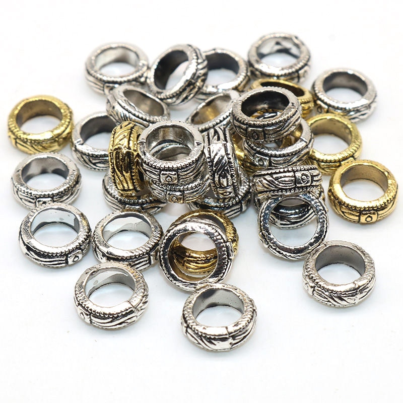 50pcs / lot Manik-Manik Roda Spacer Lubang Besar 9mm Warna Silver Gaya Vintage Untuk Membuat Perhiasan Gelang