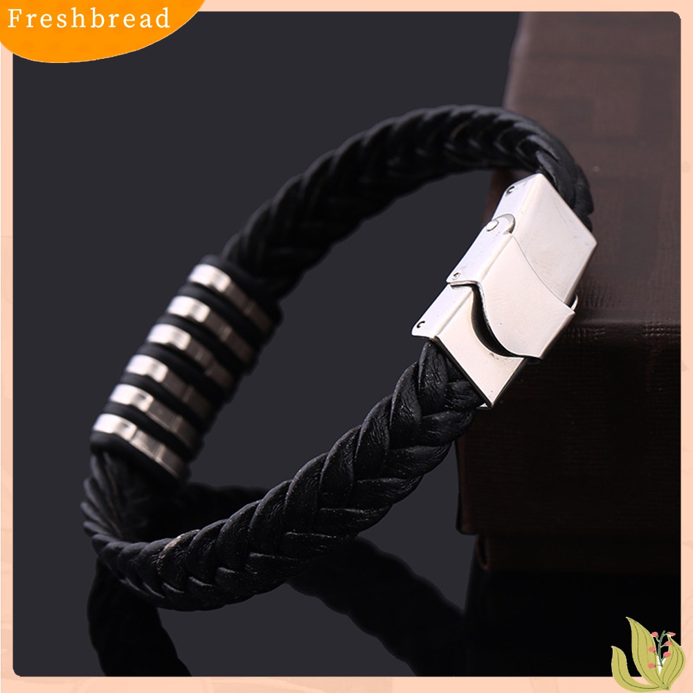 [TERLARIS]Braided Faux Leather Wristband Titanium Steel Men Bracelet Punk Bangle Jewelry