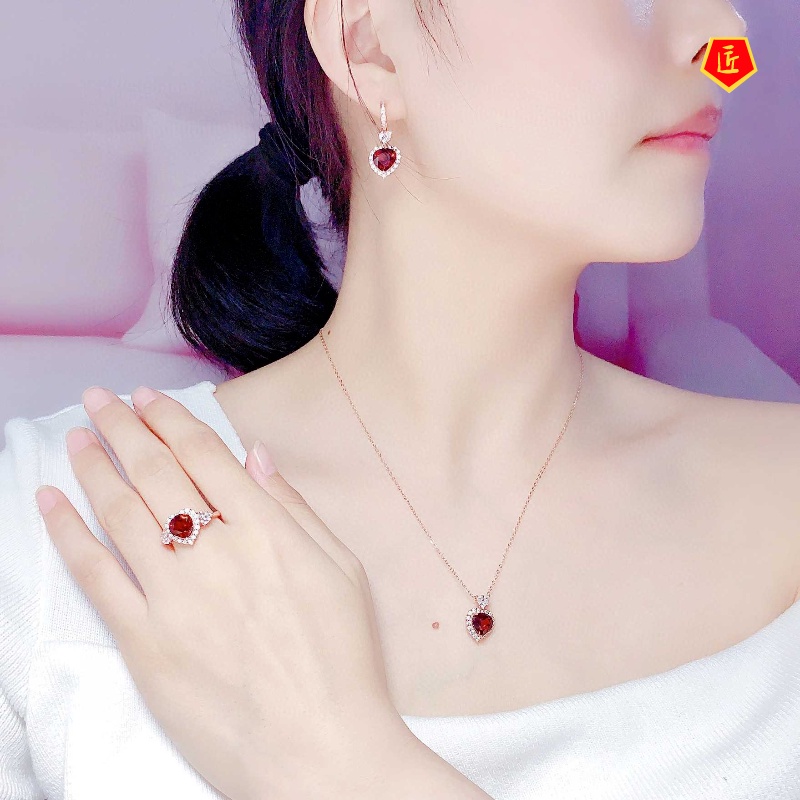 [Ready Stock]Natural Topaz Necklace Set Rings Garnet Stud Earrings