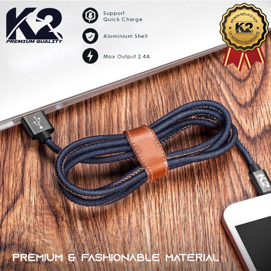 KABEL DATA DENIM 2 METER K2-C07 K2 PREMIUM QUALITY MICRO / TYPE C / Lightning Fast Charging 2.4A [fs]