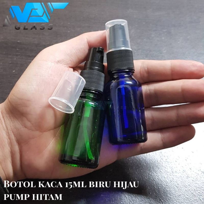 botol kaca 15ml pump hitam / botol kaca 15ml biru/hijau treatmentpump
