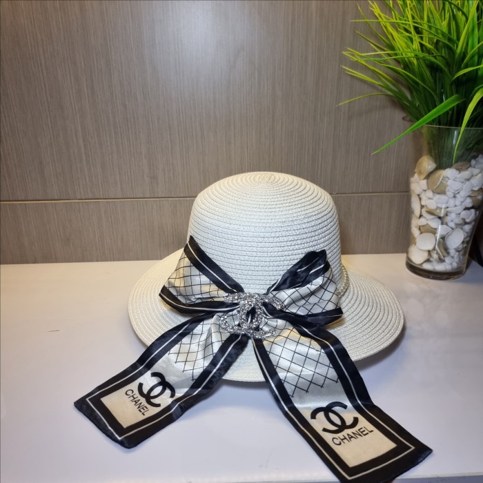 PROMO Topi Pantai Chanel Silk Ribbon & Pearl Import - Putih
