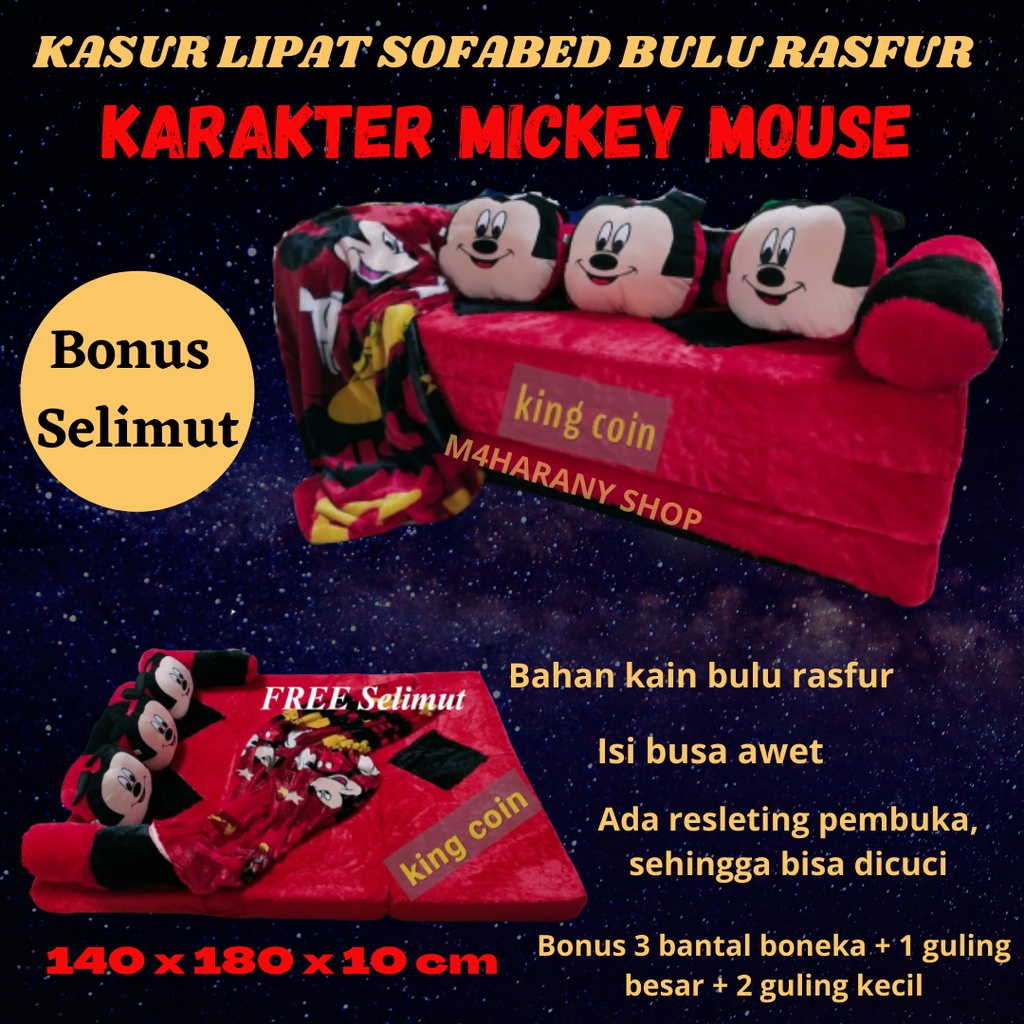 Kasur Anak Laki Laki Perempuan Bulu Rasfur Merah Karakter Mickey Mouse Free Selimut