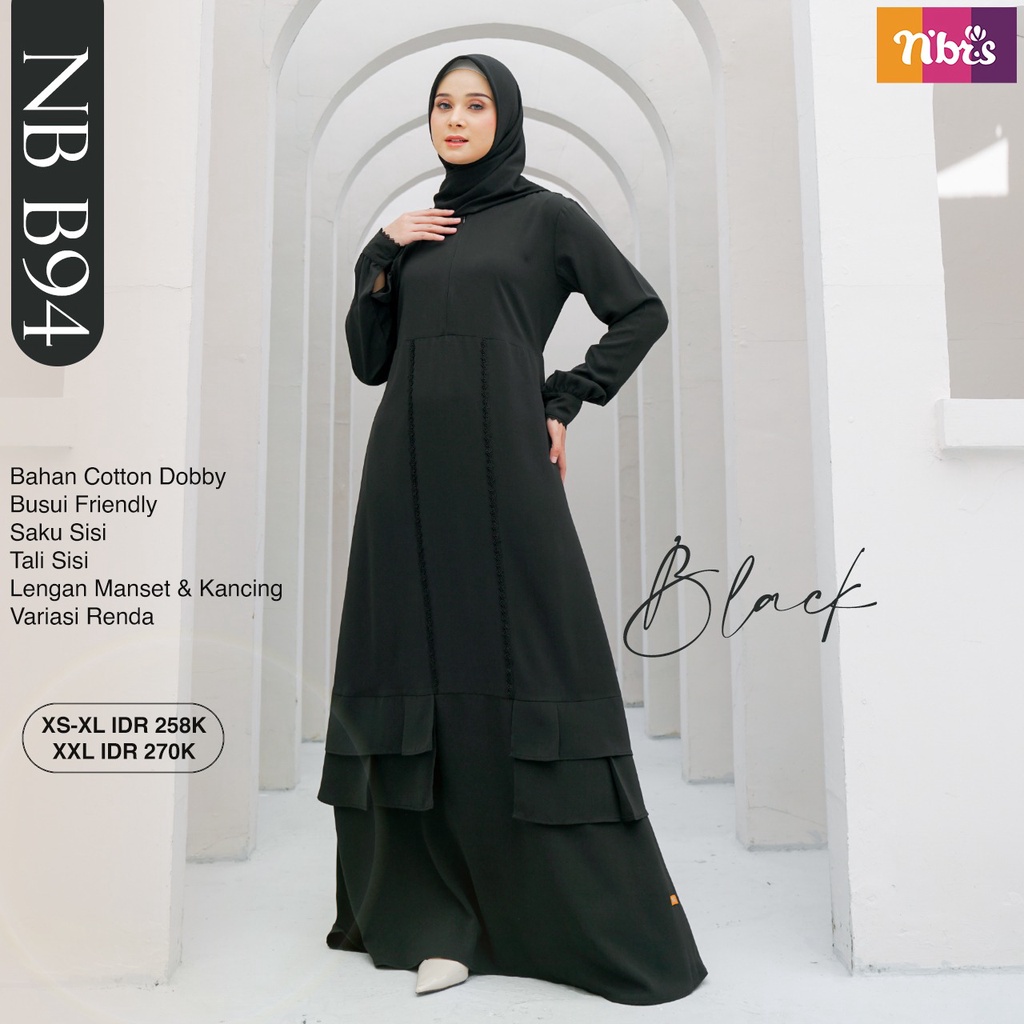 Nibras Couple Gamis NB B94 dan Koko NSK 94 Warna Hitam Putih Polos Bahan Cotton Dobby by NBRS