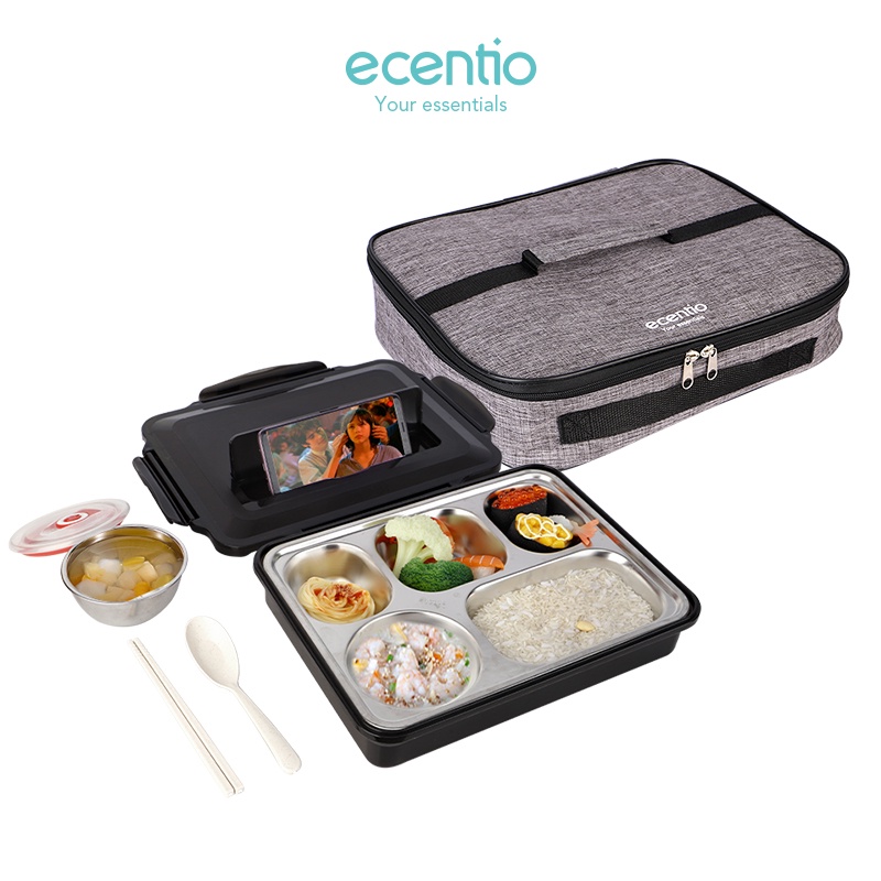 Premium (Mount) ecentio tempat makan stainless 304 1000ml 5 Grid lunch box set Tas Bekal Lunch