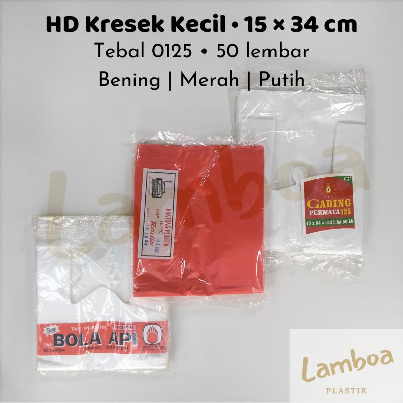 HD kresek kecil 15 x 34 cm tebal 0125 plastik kantong Gading Permata Bola Api merah putih bening hit