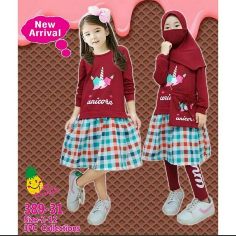Baju Setelan Anak Perempuan Unicorn Kotak 3-7 Tahun