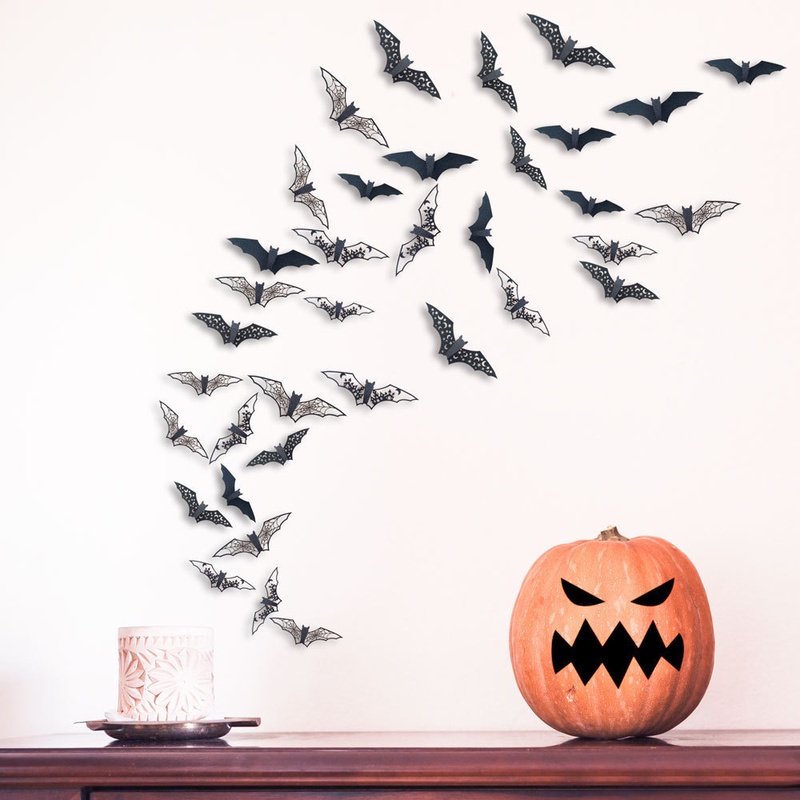 12 Pcs / Set Stiker Dinding 3D Model Kelelawar Hollow Warna Hitam Untuk Dekorasi Halloween