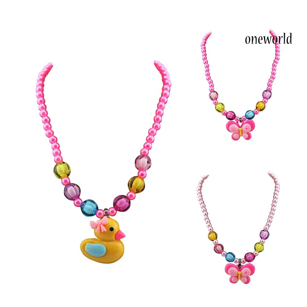 OW@ 3Pcs Girls Yellow Duck Butterfly Candy Bead Ring Necklace Bracelet Jewelry Set