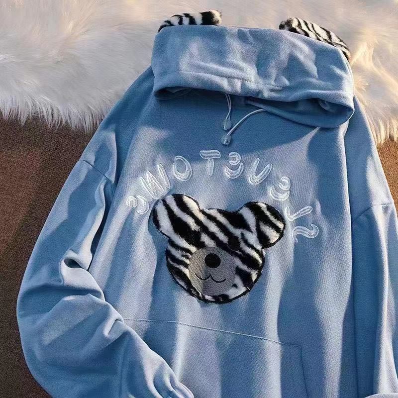 [littlecrab] Hoodie Oversize Beruang Motif Warna Zebra Telinga Hitam Putih Lucu Cute Black White Bear Hoodie Bordir Lucu Unik Berkualitas Hoodie Beruang Bulu Lembut Hoodie Couple Unisex Korean Style