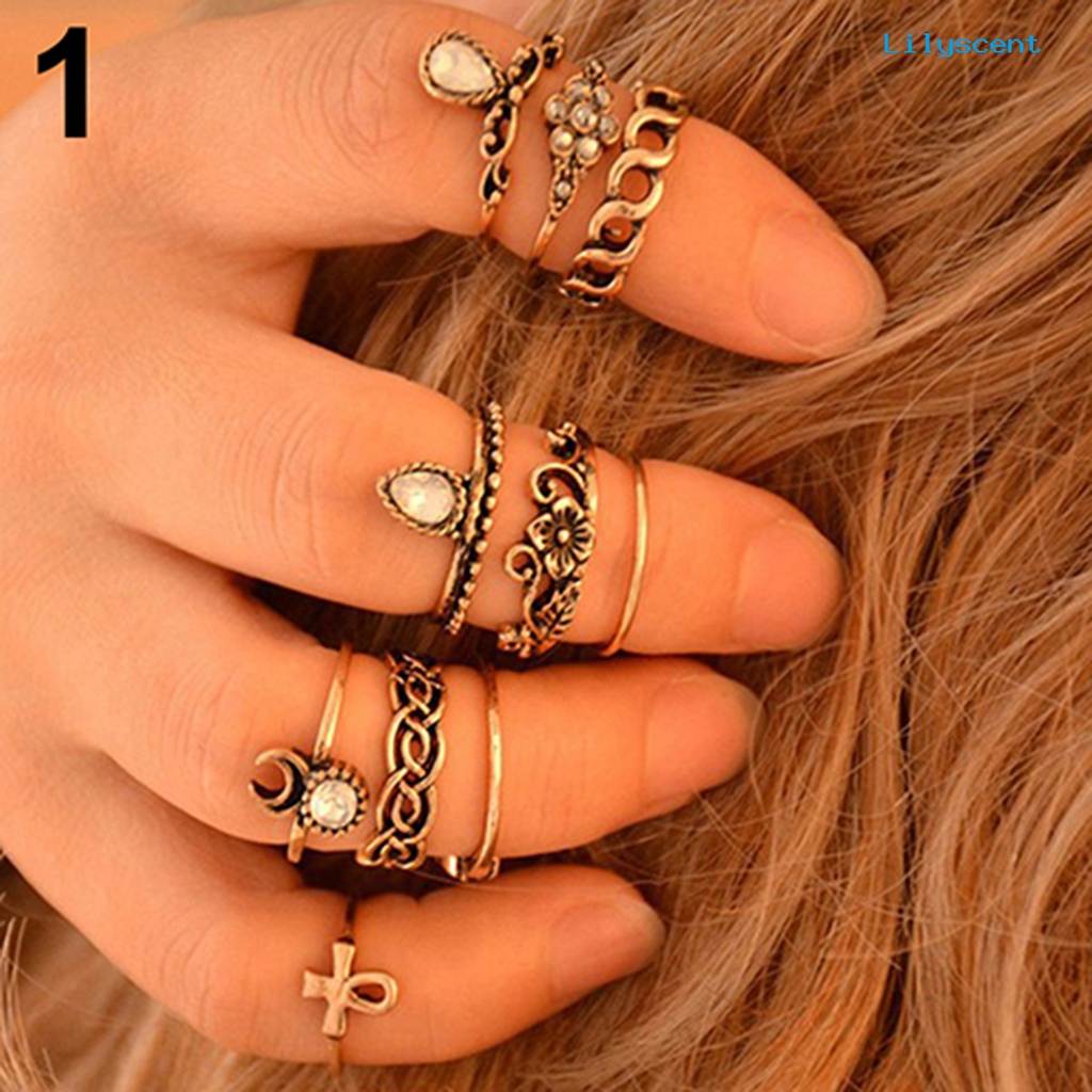 10pcs / Set Cincin Knuckle Vintage Desain Bunga Hollow Anti Karat Untuk Wanita