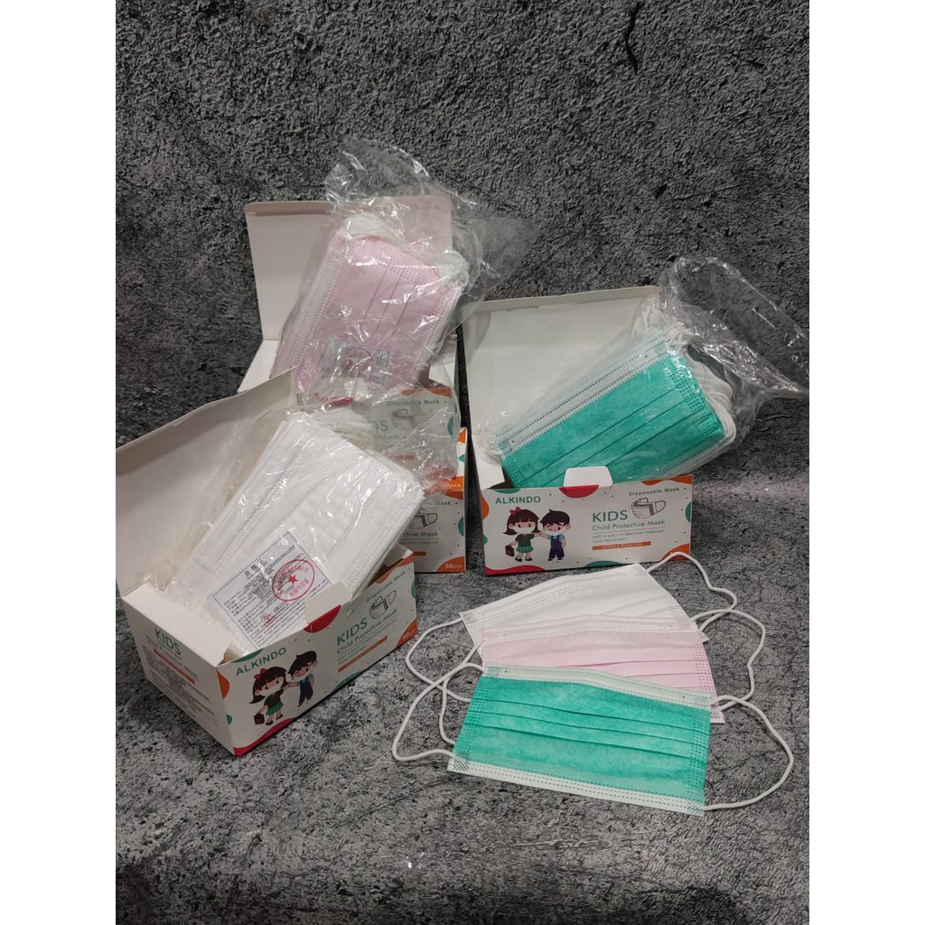 PER BOX 50PC - MASKER ANAK 3PLY CAREION NECARE ALKINDO WARNA POLOS