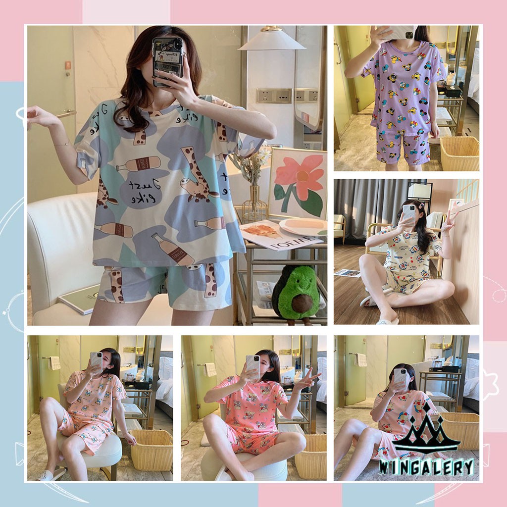 ✨WINGALERY✨ Pakaian Wanita Baju Tidur Piyama Lengan Pendek Import Motif Kartun Fit to XXL 4019-2-2
