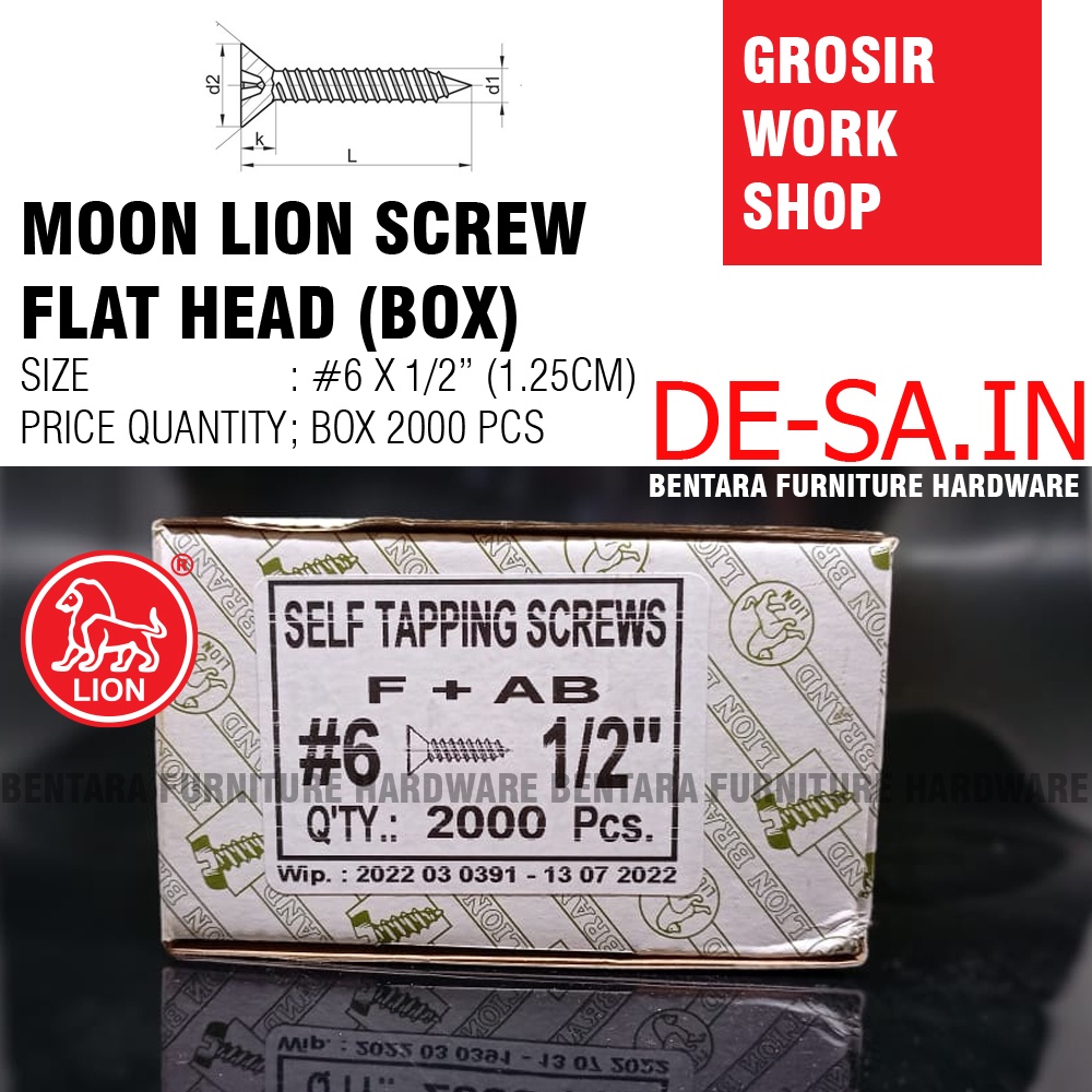 Moon Lion (GROSIR) #6 x 12MM  Box 2000 PCS Skrup Tapping Screw (Sekrup Lion #6 X 1/2&quot;) (WORKSHOP)