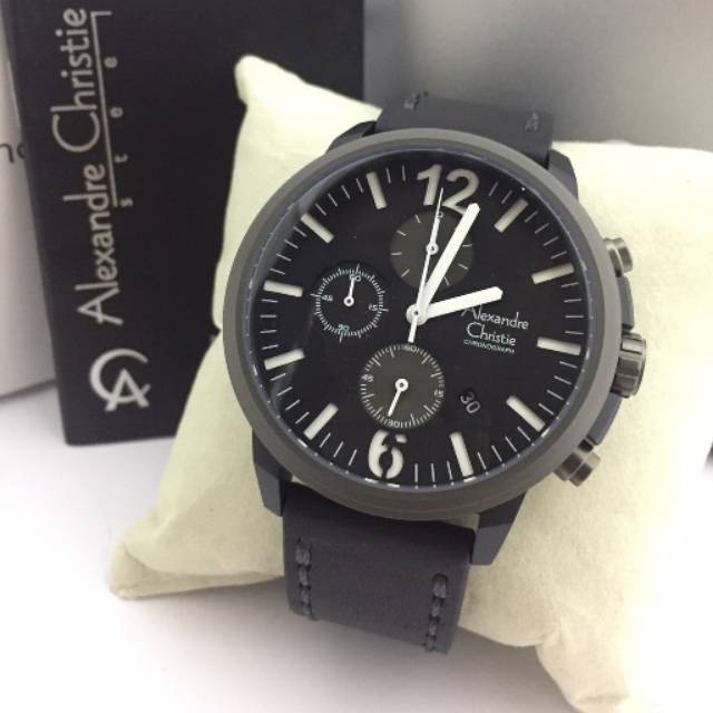 Jam Tangan Alexandre Christie AC 6267 MC Leather / Kulit Black Grey Pria / Cowok Original