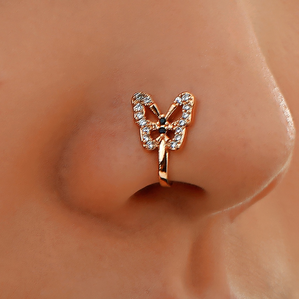 Cincin Tindik Hidung Palsu Desain Butterfly Adjustable Untuk Wanita