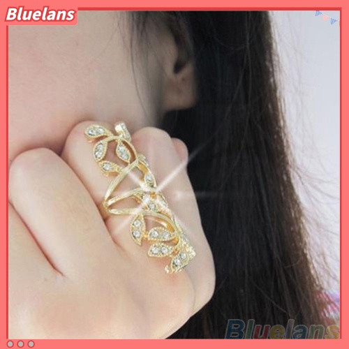 Bluelans Cincin Knuckle Desain Daun Hollow Hias Berlian Imitasi Untuk Wanita