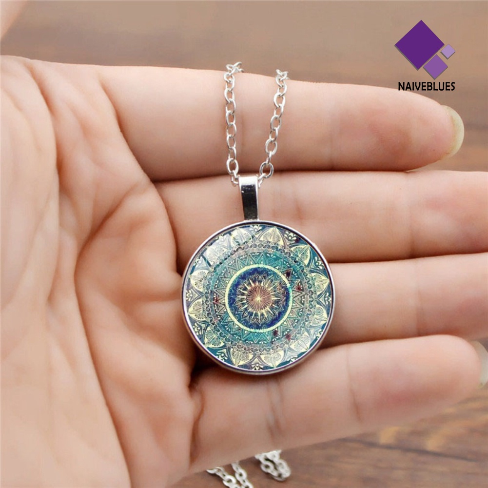 Kalung Rantai Liontin Cabochon Kaca Mandala Gaya Vintage Untuk Wanita