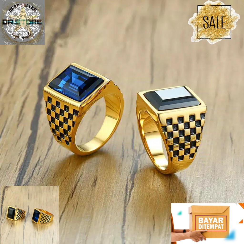 Aksesoris Cincin Fashion Ring Gold Motif Corak Catur Cincin Pria Anti Karat Cincin Murah Cincin Pria
