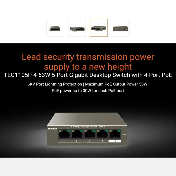 Tenda TEG1105P-4-63W 5-Port Gigabit Desktop Switch with 4-Port PoE