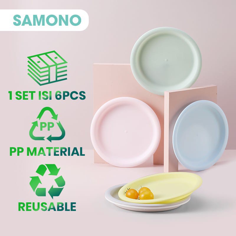 SAMONO STW02D Piring Makan Bulat Set isi 6Pcs Warna Warni BPA Free Reusable High Quality Murah