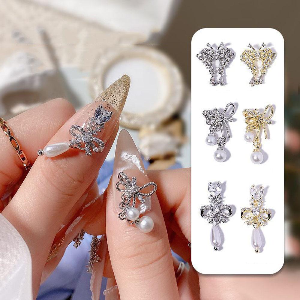 AUGUSTINA Agustina Kupu-Kupu Kuku Berlian Imitasi Mewah Manikur Aksesoris Alloy Rantai Mutiara Liontin 3D Hiasan Kuku