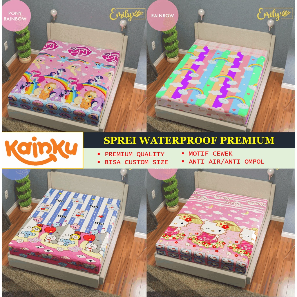 Sprei Waterproof Anak CEWEK PEREMPUAN KITTY PONI BT21 FLAMINGO Anti Ompol ukuran 180x200 160 140 120 90 WP