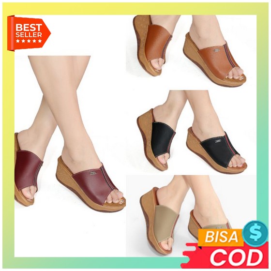 Sepatu Wedges Jelly Slavina Slop Selop Wanita Import Branded Hak Tinggi Warna Merah Terbaru Cocok Bu