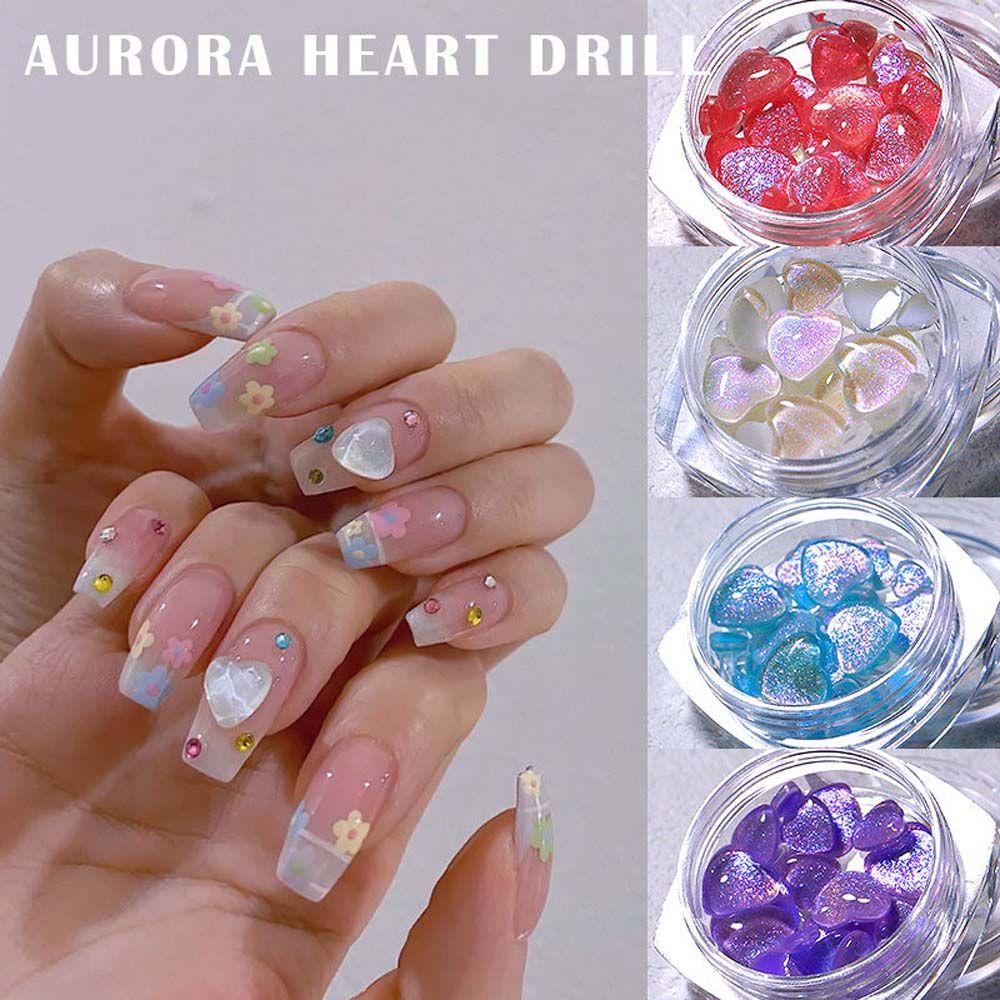 Mxbeauty Aurora Love Heart Nail Charms Lucu Indah Mata Kucing Batu Decal Craft Permata Batu Glitter Love Heart Kristal Hiasan Kuku