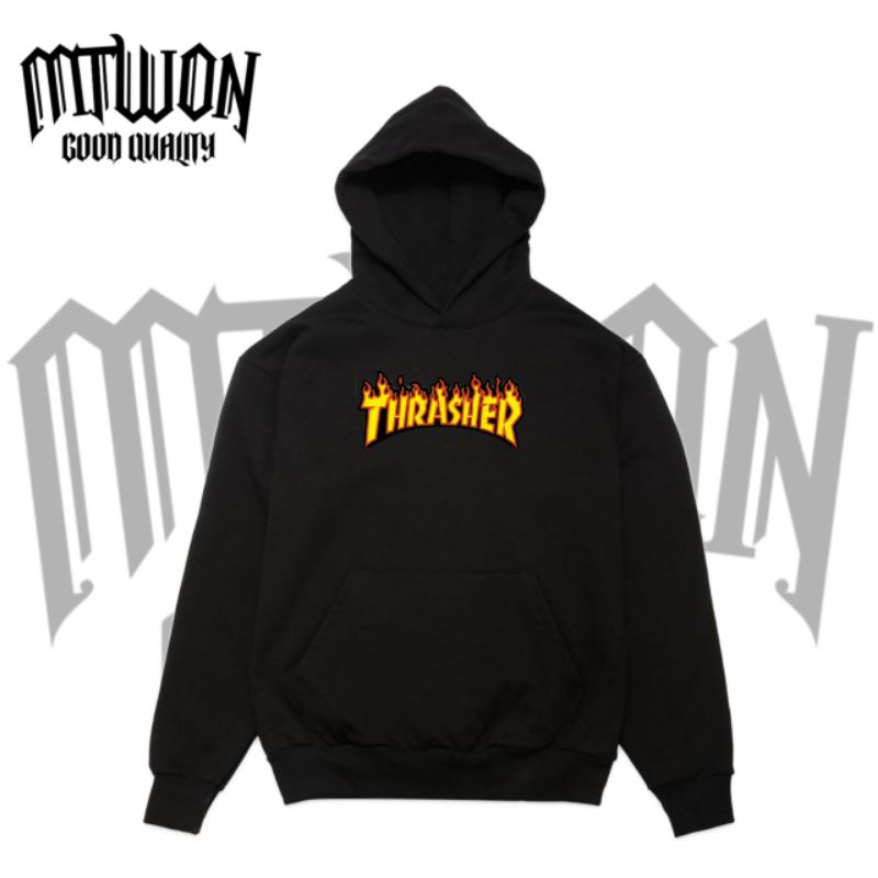 Jaket Hoodie THRASHER skater skateboard jacket non Zipper hitam pria wanita dewasa tee katun baby te
