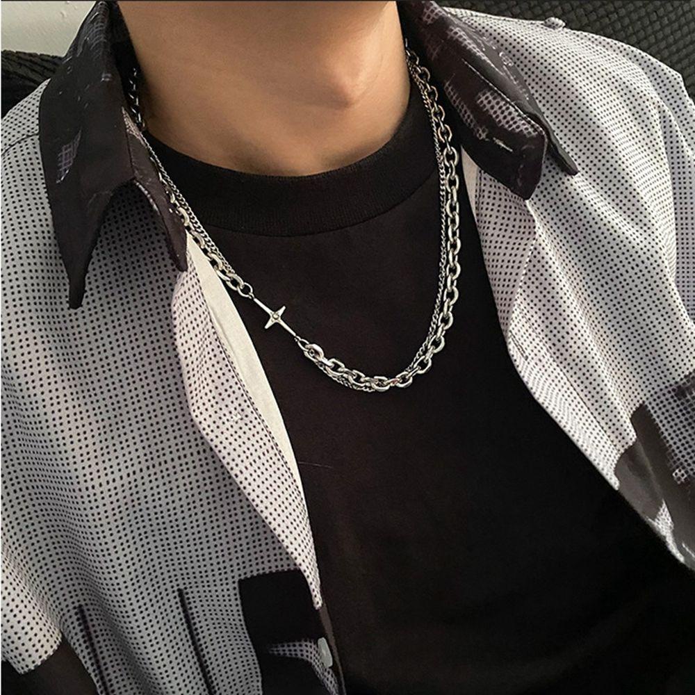 Needway Kalung Baja Titanium Kreatif Keren Salib Perhiasan Fashion Sweater Rantai Pasangan Kalung Gaya Hip Hop Korea Necklace