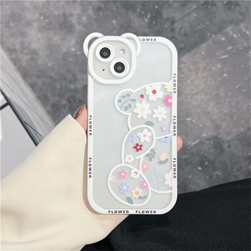 Soft Case Silikon TPU Transparan Motif Bunga Beruang Untuk case hp Compatible for iPhone 14 13 12 11 Pro Max X Xr Xs Max SE 2020 8 7 6 6s Plus Clear Floral Bear Phone Case Silicone Soft TPU handphone murah casing cover Lens Protector Shockproof Back Cover