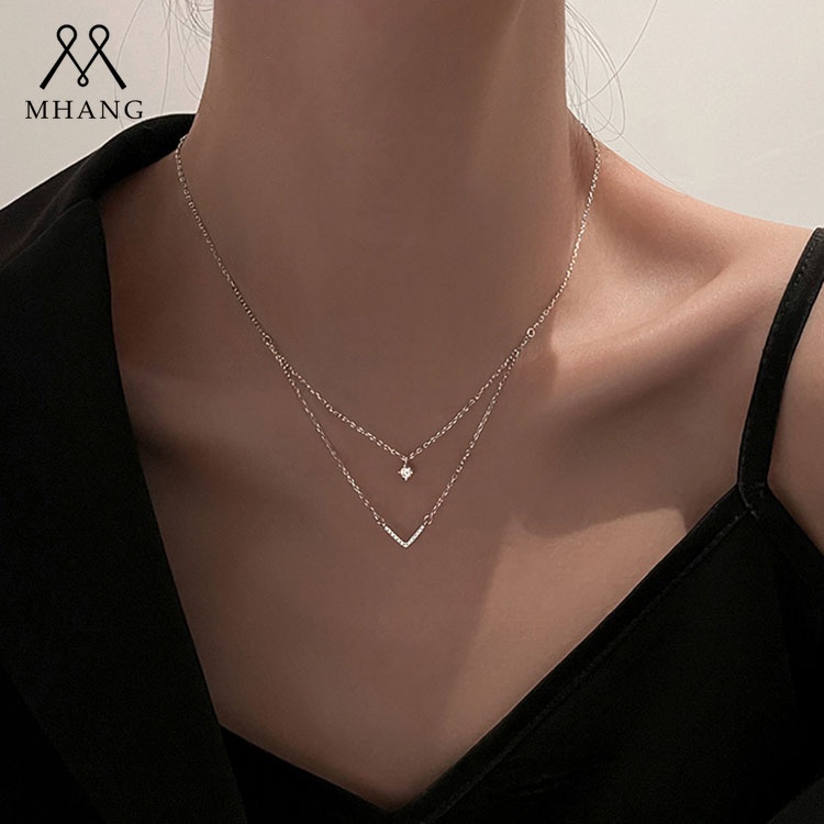 Kalung Rantai Klavikula Bentuk V Model Lapis Ganda Bahan Zirkon Gaya Korea Retro Untuk Wanita