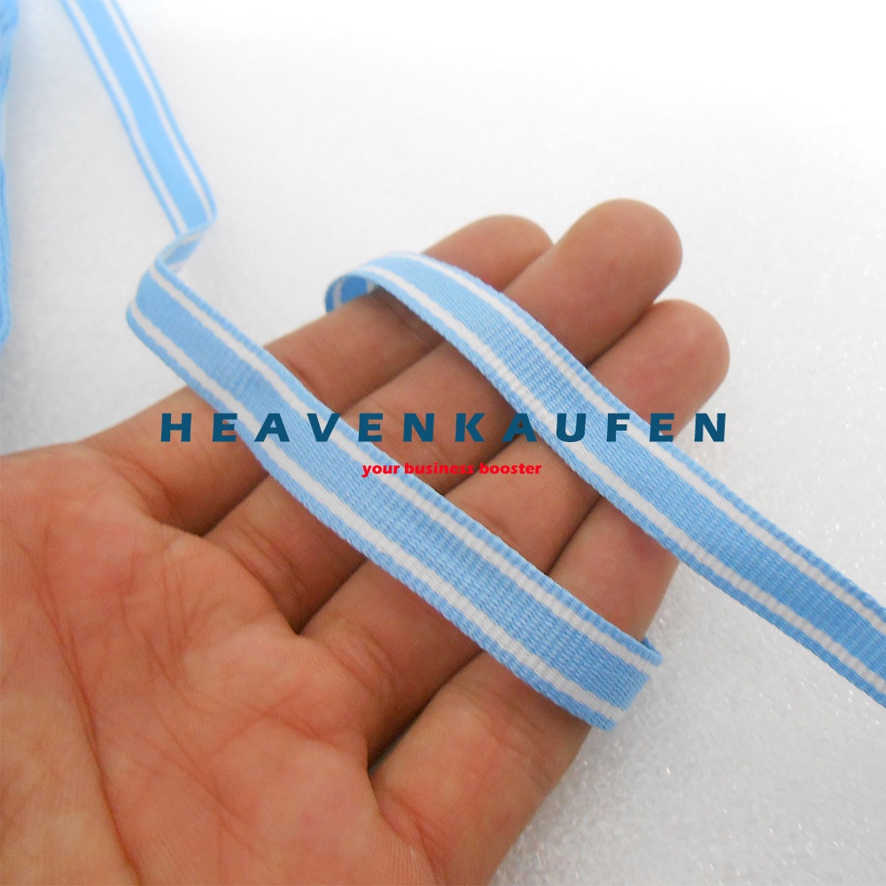 Webbing Strip Halus Lebar 1 cm Warna Biru Langit Strip Putih Harga Per Rol isi 18 Meter