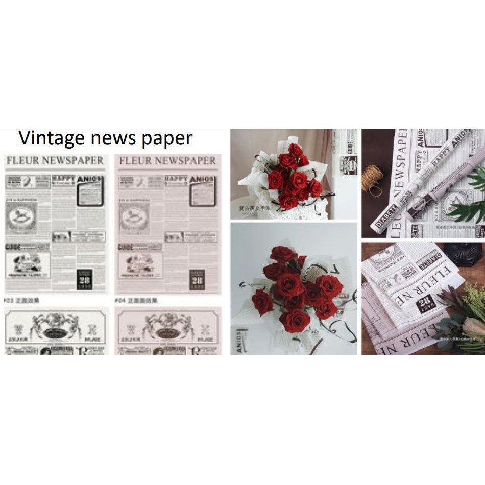 

Kertas Bunga Buket Cellophane Print Koran Roll / Vintage News Paper Wrapping Gulungan Kraft