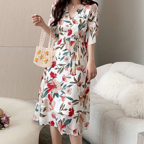 dress bunga/dress bunga korea/DERSS/dress korea/midi dress korea/long dress korea