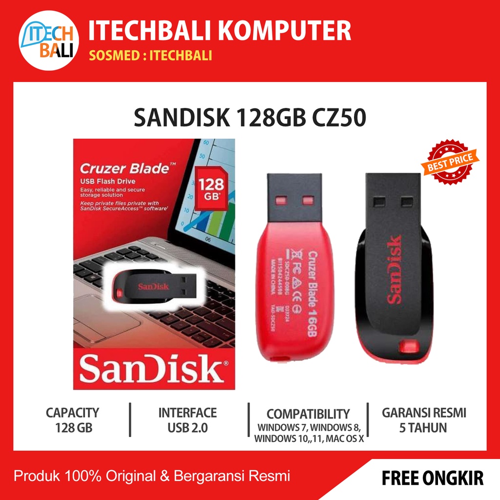 Flashdisk SANDISK 128GB Cruzer Blade CZ50 Usb 2.0 | ITECHBALI