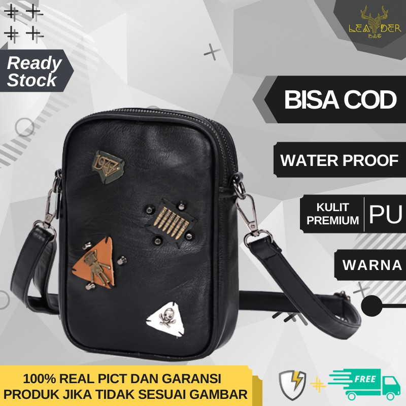 Tas Selempang kecil Kulit Pria Impor Distro Model Terbaru Dan Trendy Warna Hitam Atau Tas Kulit Cowo