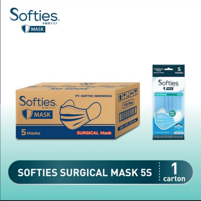 Masker Softies Surgical Mask 3 ply isi 5 pcs 1 Karton / 100 Pack