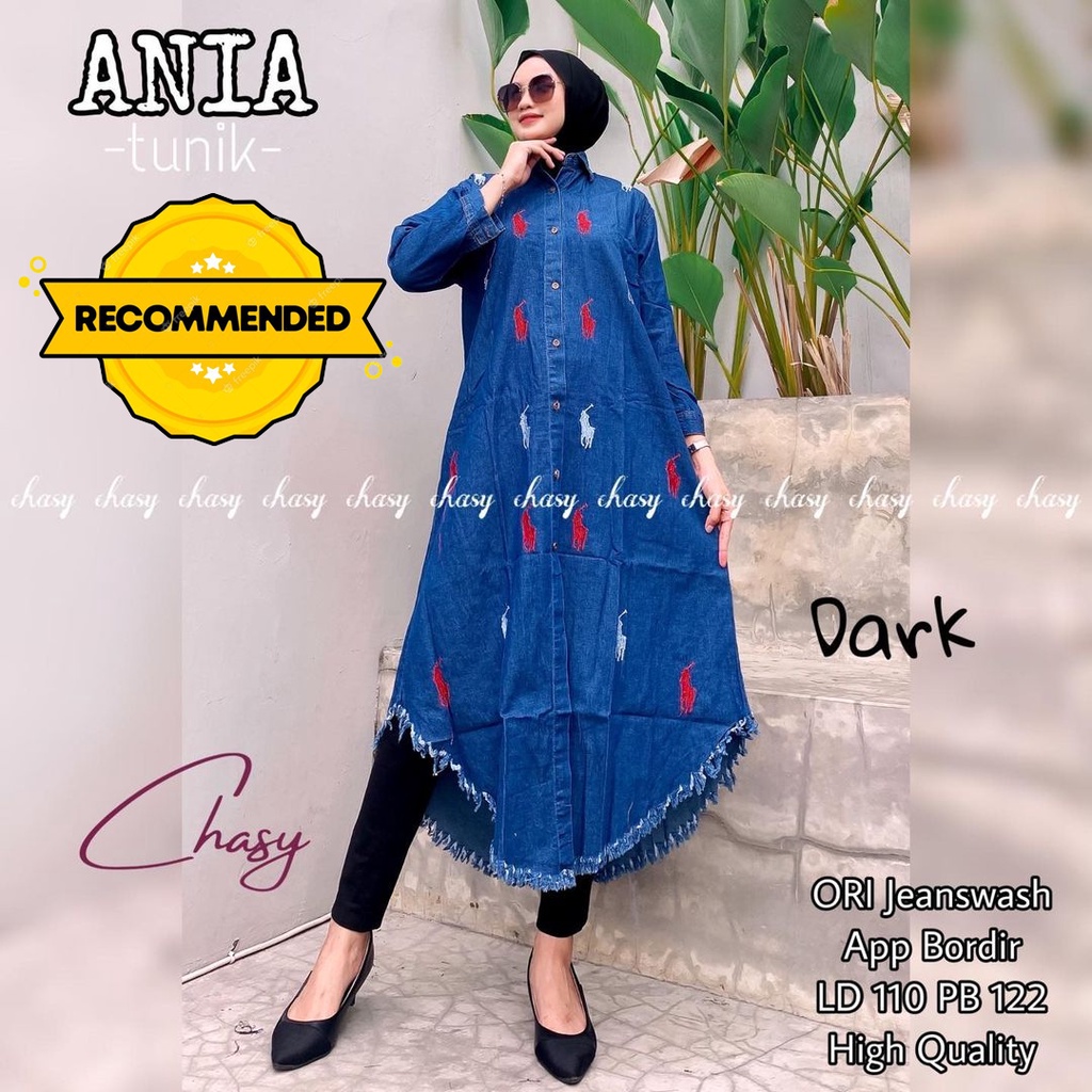 Ania Tunik Jeans Bahan Jeans Wash HQ Jumbo Kerah Kemeja Lengan Panjang Kancing Aktif Bawah Rawis Big