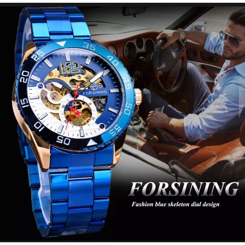 Jam Tangan Pria Original Automatic Forsining Sporty Luxury Skeleton Bisnis Blue